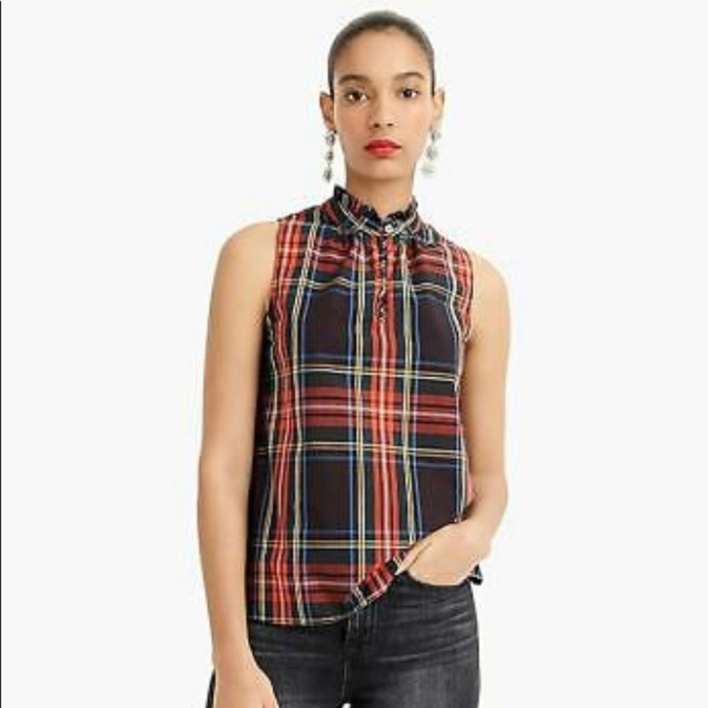 J. Crew Stewart Plaid Poplin Ruffle Neck Top